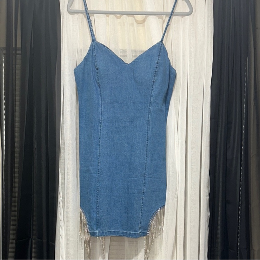 Denim Spaghetti Strap Dress with Fringe